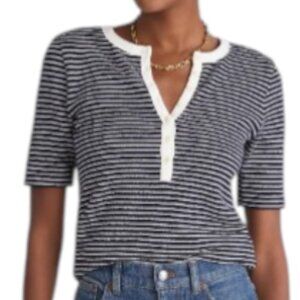 MADEWELL Striped Elbow-Sleeve Henley Tee Midnight Navy Women's XS